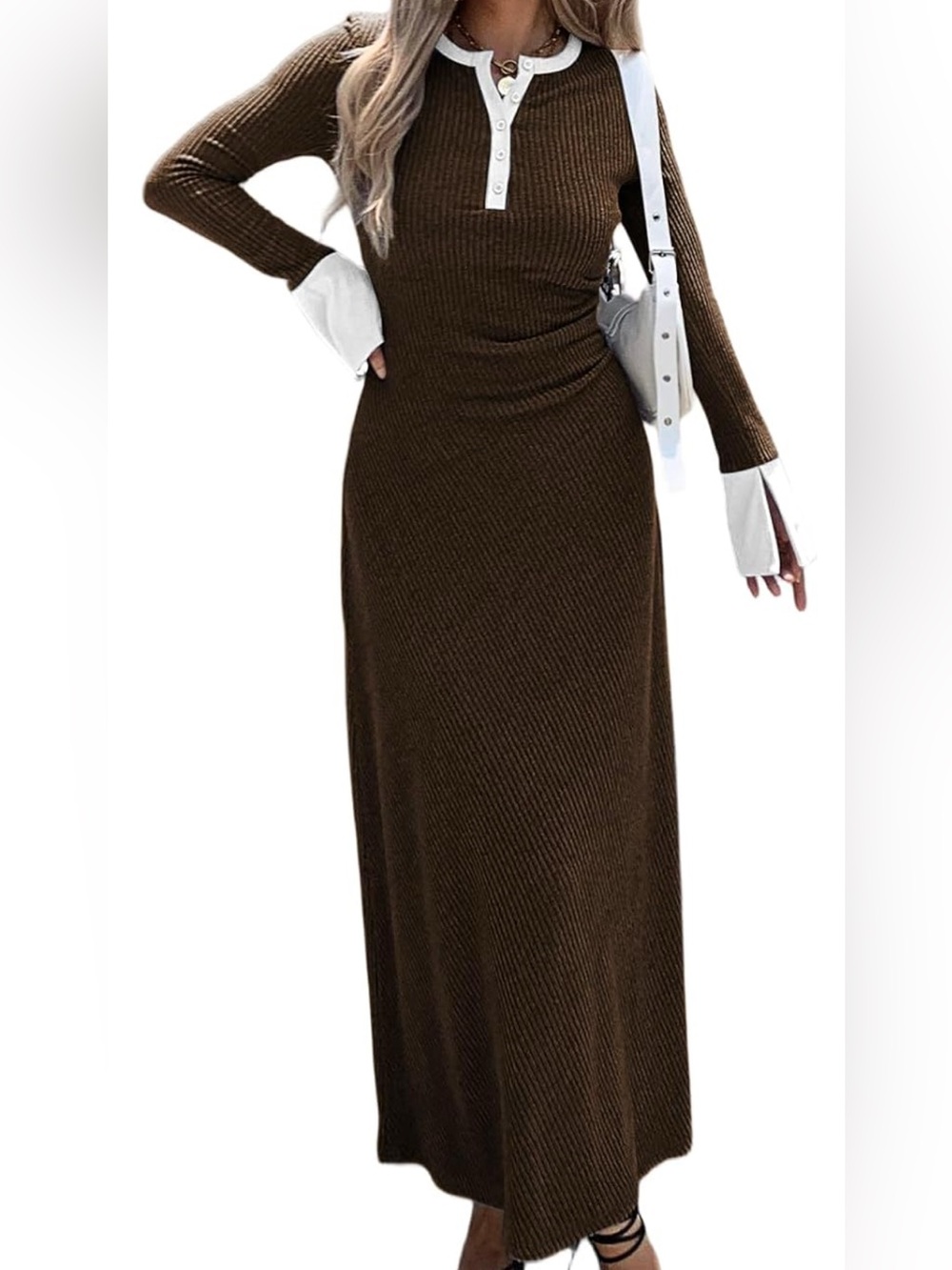 Women’s Brown Long Sleeve Maxi Dress with Contrast Trim